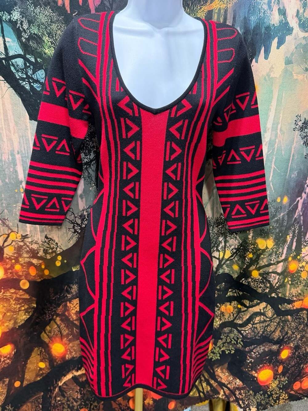 Derek Heart Sweater Dress Red Black Geometric Tribal Bodycon Small